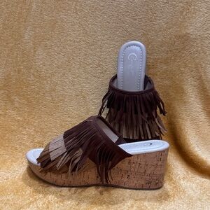 Elegant Brown Fringe Wedge Sandals